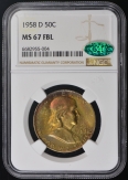 1958-D MS 67 FBL NGC Benjamin Franklin Half Dollar w CAC Sticker