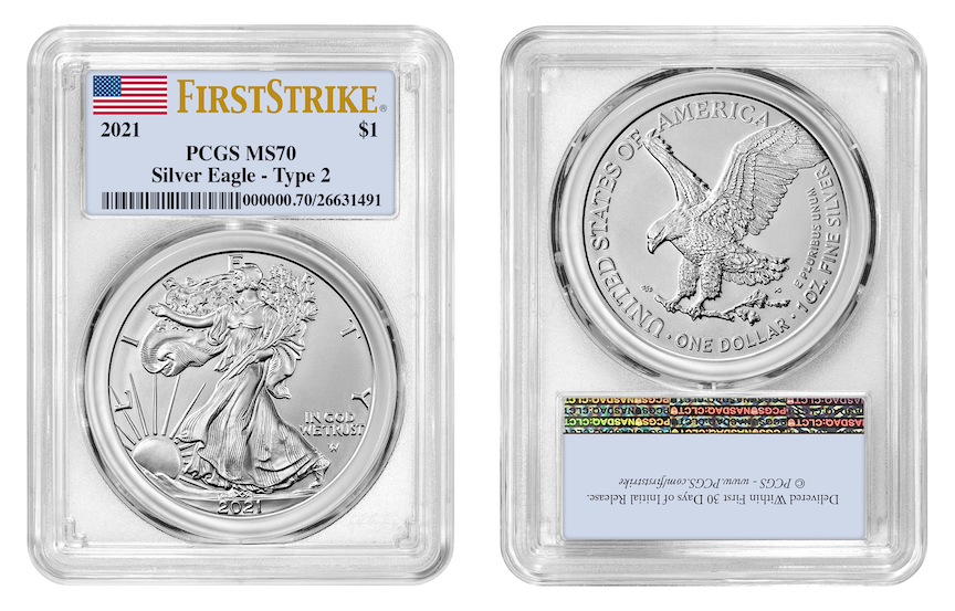 2021 American Silver Eagle Type 2 Reverse PCGS MS70 First Strike Flag Label