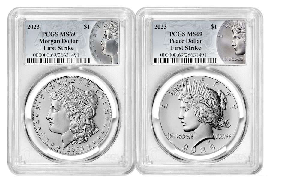 2023 2 Piece Set Morgan and Peace Silver Dollars PCGS MS69 First Strike