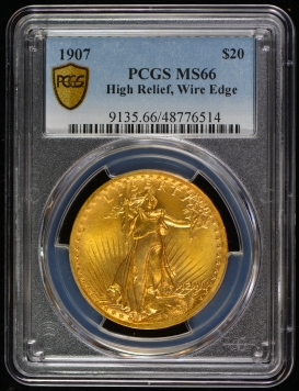 1907 $20 High Relief St Gaudens Gold Double Eagle Wire Edge PCGS MS66